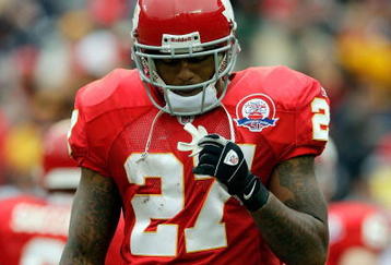 KANSAS CITY, MO - OCTOBER 11:  Running back Larry Johnson #27 of the Kansas City Chiefs walks off the field during the game against the Dallas Cowboys on October 11, 2009 at Arrowhead Stadium in Kansas City, Missouri.  (Photo by Jamie Squire/Getty Images)