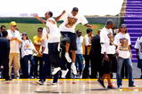 LOS ANGELES, CA - JUNE 17:  (L-R) Shannon Brown, Trevor Ariza, DJ Mbenga and Sasha Vujacic of the Los Angeles Lakers celebrate on stage during the 2009 NBA Championship Victory Parade at the Los Angeles Memorial Coliseum on June 17, 2009 in Los Angeles, California.  (Photo by Jeff Gross/Getty Images)