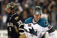 DALLAS - MAY 4: Goalie Evgeni Nabokov #20 of the San Jose Sharks skates off after congratulating gaolie Marty Turco #35 the Dallas Stars after the Stars win game six of the Western Conference Semifinals of the 2008 NHL Stanley Cup Playoffs on May 4, 2008 at the American Airlines Center in Dallas, Texas. The Stars won 2-1 in the 4th overtime. (Photo by: Ronald Martinez/Getty Images)