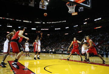 MIAMI - NOVEMBER 19:  Dwyane Wade #3 of the Miami Heat shoots a free-throw in the second half while taking on the Toronto Raptors at American Airlines Arena on November 19, 2008 in Miami, Florida. The Raptors defeated the Heat 101-95. NOTE TO USER: User expressly acknowledges and agrees that, by downloading and/or using this Photograph, user is consenting to the terms and conditions of the Getty Images License Agreement.  (Photo by Doug Benc/Getty Images)