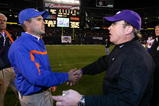 SAN DIEGO, CA - DECEMBER 23:  Head Coach Chris Petersen of the Boise State Broncos meets Heads Coach Gary Patterson of TCU Horned Frogs after the Horned Frogs 17-16 win over the Broncos during the San Diego County Credit Union Poinsettia Bowl at Qualcomm Stadium on December 23, 2008 in San Diego, California. (Photo by Donald Miralle/Getty Images)