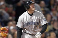 BOSTON - APRIL 29: Lyle Overbay #17 of the Toronto Blue Jays connects with a pitch during the MLB game against the Boston Red Sox on April 29, 2008 at Fenway Park in Boston, Massachusetts. (Photo by Elsa/Getty Images)