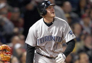 BOSTON - APRIL 29: Lyle Overbay #17 of the Toronto Blue Jays connects with a pitch during the MLB game against the Boston Red Sox on April 29, 2008 at Fenway Park in Boston, Massachusetts. (Photo by Elsa/Getty Images)