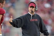 STANFORD - NOVEMBER 15:  Head coach Jim Harbaugh of the Stanford Cardinals coaches on the sidelines during the game against the USC Trojans at Stanford Stadium on November 15, 2008 in Stanford, California. (Photo by: Jed Jacobsohn/Getty Images)