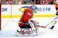 WASHINGTON - NOVEMBER 11:  Semyon Varlamov #40 of the Washington Capitals makes a save against the New York Islanders at the Verizon Center on November 11, 2009 in Washington, DC.  The Capitals won the game 5-4 in a shootout.  (Photo by Greg Fiume/Getty Images)