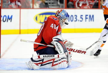 WASHINGTON - NOVEMBER 11:  Semyon Varlamov #40 of the Washington Capitals makes a save against the New York Islanders at the Verizon Center on November 11, 2009 in Washington, DC.  The Capitals won the game 5-4 in a shootout.  (Photo by Greg Fiume/Getty Images)