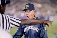 3 Sep 1994: Coach Lou Holtz of the Notre Dame Fighting Irish argues with the official during a game against the Northwestern Wildcats. Notre Dame won the game 42-15. Mandatory Credit: Jonathan Daniel /Allsport