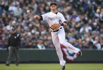 DENVER - OCTOBER 11:  Troy Tulowitzki #2 of the Colorado Rockies throws out Pedro Feliz of the Philadelphia Phillies in the top of the fourth inning in Game Four of the NLDS during the 2009 MLB Playoffs at Coors Field on October 12, 2009 in Denver, Colorado.  (Photo by Jed Jacobsohn/Getty Images)