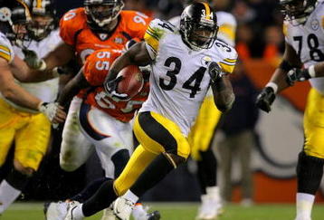 DENVER - NOVEMBER 09:  Rashard Mendenhall #34 of the Pittsburgh Steelers rushes 34 yards for a first down against the Denver Broncos in the fourth quarter during NFL action at Invesco Field at Mile High on November 9, 2009 in Denver, Colorado. The Steelers defeated the Broncos 28-10.  (Photo by Doug Pensinger/Getty Images)