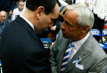 DURHAM, NC - MARCH 8:  Head coach Mike Krzyzewski (L) of the Duke Blue Devils shakes hands with head coach Roy Williams of the North Carolina Tar Heels before their game at Cameron Indoor Stadium March 8, 2008 in Durham, North Carolina.  (Photo by Kevin C. Cox/Getty Images)