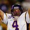 GREEN BAY, WI - NOVEMBER 01: Quarterback Brett Favre #4 of the Minnesota Vikings celebrates a touchdown by teammate Percy Harvin #12 after a 51 yard touchdown pass during the third quarter of the game against the Green Bay Packers at Lambeau Field on November 1, 2009 in Green Bay, Wisconsin. (Photo by Scott Boehm/Getty Images)