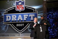 NEW YORK - APRIL 28: JaMarcus Russell poses with NFL Commissioner Roger Goodell after being chosen first overall by the Oakland Raiders at the 2007 NFL Draft at Radio City Music Hall April 28, 2007 in New York City. (Photo by Nick Laham/Getty Images)
