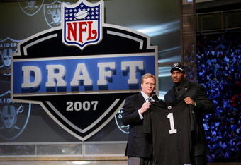 NEW YORK - APRIL 28:  JaMarcus Russell poses with NFL Commissioner Roger Goodell after being chosen first overall by the Oakland Raiders at the 2007 NFL Draft at Radio City Music Hall April 28, 2007 in New York City.  (Photo by Nick Laham/Getty Images)