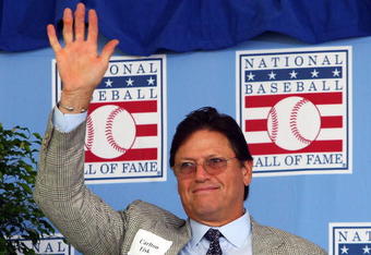 COOPERSTOWN, NY - JULY 26:  Hall of Famer Carlton Fisk waves to the crowd as he is introduced at Clark Sports Center during the 2009  Baseball Hall of Fame induction ceremony on July 26, 2009 in Cooperstown, New York.  (Photo by Jim McIsaac/Getty Images)