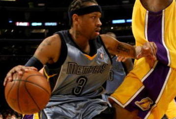 LOS ANGELES - NOVEMBER 6: Allen Iverson #3 of the Memphis Grizzlies drives against Josh Powell #21 of the Los Angeles Lakers on November 6, 2009 at Staples Center in Los Angeles, California. The Lakers won 114-98.  NOTE TO USER: User expressly acknowledges and agrees that, by downloading and/or using this Photograph, user is consenting to the terms and conditions of the Getty Images License Agreement. (Photo by Stephen Dunn/Getty Images)