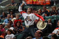 SUNRISE, FL - FEBRUARY 15:  A fan of the Florida Panthers entertains the crowd during their game against the Washington Capitals on February 15, 2009 at the BankAtlantic Center in Sunrise, Florida. The Capitals defeated the Panthers 4-2.  (Photo by Bruce Bennett/Getty Images)