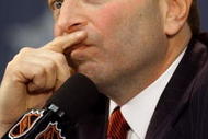 3 Feb 2001:  Commissioner Gary Bettman ponders a  question from the media during a press conference before the NHL All-Star Game at the Pepsi Center in Denver, Colorado.   DIGITAL IMAGE. Mandatory Credit: Brian Bahr/ALLSPORT