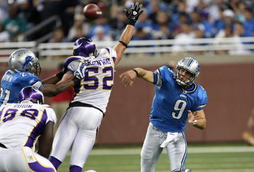 DETROIT - SEPTEMBER 20:  Quarterback Matthew Stafford #9 of the Detroit Lions throws a pass against linebcker Chad Greenway #52 of the Minnesota Vikings at Ford Field on September 20, 2009 in Detroit, Michigan. The Vikings won 27-13.  (Photo by Stephen Dunn/Getty Images)