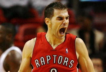 MIAMI - NOVEMBER 19:  Jose Calderon #8 of the Toronto Raptors celebrates after making a basket against the Miami Heat at American Airlines Arena on November 19, 2008 in Miami, Florida. The Raptors defeated the Heat 101-95. NOTE TO USER: User expressly acknowledges and agrees that, by downloading and/or using this Photograph, user is consenting to the terms and conditions of the Getty Images License Agreement.  (Photo by Doug Benc/Getty Images)