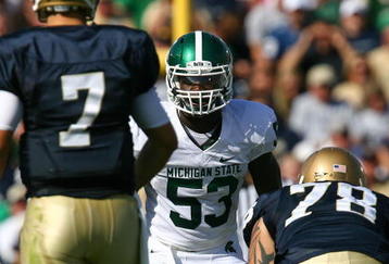 SOUTH BEND, IN - SEPTEMBER 19: Greg Jones #53 of the Michigan State Spartans awaits the start of play against the Notre Dame Fighting Irish on September 19, 2009 at Notre Dame Stadium in South Bend, Indiana. Notre Dame defeated Michigan State 33-30.  (Photo by Jonathan Daniel/Getty Images)