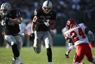 OAKLAND, CA - NOVEMBER 30: Justin Fargas #25 of the Oakland Raiders runs against Brandon Flowers #24 of the Kansas City Chiefs during an NFL game on November 30, 2008 at the Oakland-Alameda County Coliseum in Oakland, California. (Photo by Jed Jacobsohn/Getty Images)