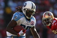 SAN FRANCISCO - NOVEMBER 08:  Chris Johnson #28 of the Tennessee Titans runs against Shawntae Spencer #36 of the San Francisco 49ers during an NFL game on November 8, 2009 at Candlestick Park in San Francisco, California.  (Photo by Jed Jacobsohn/Getty Images)
