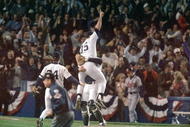 BRONX, NY - OCTOBER 26: John Wetteland #35 of the New York Yankees celebrates the final out of Game six of the 1996 World Series against the Atlanta Braves at Yankee Stadium on October 26, 1996 in Bronx, New York. The Yankees defeated the Braves 3-2 to win the series four games to two. (Photo by Al Bello/Getty Images)