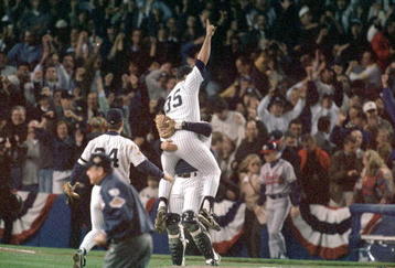 BRONX, NY - OCTOBER 26:  John Wetteland #35 of the New York Yankees celebrates the final out of Game six of the 1996 World Series against the Atlanta Braves at Yankee Stadium on October 26, 1996 in Bronx, New York. The Yankees defeated the Braves 3-2 to win the series four games to two. (Photo by Al Bello/Getty Images)