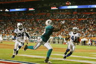 MIAMI - SEPTEMBER 21: Defensive backs Kelvin Hayden #26 and Antoine Bethea #41 of the Indianapolis Colts watch as Ted Ginn Jr. #19 of the Miami Dolphins nearly hauls in a touchdown catch at Land Shark Stadium on September 21, 2009 in Miami, Florida. (Photo by Doug Benc/Getty Images)