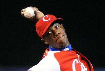 MEXICO CITY - MARCH 10:  Aroldis Chapman #52 of Cuba pitches against Australia during the first inning of the game during the 2009 World Baseball Classic Pool B match on March 10, 2009 at the Estadio Foro Sol in Mexico City, Mexico.   (Photo by Kevork Djansezian/Getty Images)
