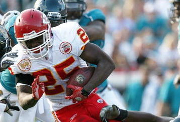 JACKSONVILLE, FL - NOVEMBER 08:  Running back Jamaal Charles #25 of the Kansas City Chiefs gets wrapped up while taking on the Jacksonville Jaguars at Jacksonville Municipal Stadium on November 8, 2009 in Jacksonville, Florida. The Jaguars defeated the Chiefs 24-21.  (Photo by Doug Benc/Getty Images)