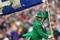 SOUTH BEND, IN - OCTOBER 03: The leprechaun mascot for the Notre Dame Fighting Irish runs onto the field with a flag before a game against the Washington Huskies on October 3, 2009 at Notre Dame Stadium in South Bend, Indiana. Notre Dame defeated Washington 37-30 in overtime. (Photo by Jonathan Daniel/Getty Images)