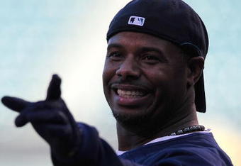 ANAHEIM, CA - SEPTEMBER 08:  Ken Griffey Jr. #24 of the Seattle Mariners jokes around with teammates during batting practice before the game against the Los Angeles Angels of Anaheim at Angel Stadium September 8, 2009 in Anaheim, California.  (Photo by Jacob de Golish/Getty Images)