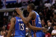 LOS ANGELES, CA - NOVEMBER 11:  Kevin Durant #35 of  the Oklahoma City Thunder celebrates with James Harden #13 in the final seconds of the game against the Los Angeles Clippers on November 11, 2009 at Staples Center in Los Angeles, California.   The Thunder won 83-79.   NOTE TO USER: User expressly acknowledges and agrees that, by downloading and/or using this Photograph, user is consenting to the terms and conditions of the Getty Images License Agreement.  (Photo by Stephen Dunn/Getty Images)