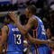 LOS ANGELES, CA - NOVEMBER 11:  Kevin Durant #35 of  the Oklahoma City Thunder celebrates with James Harden #13 in the final seconds of the game against the Los Angeles Clippers on November 11, 2009 at Staples Center in Los Angeles, California.   The Thunder won 83-79.   NOTE TO USER: User expressly acknowledges and agrees that, by downloading and/or using this Photograph, user is consenting to the terms and conditions of the Getty Images License Agreement.  (Photo by Stephen Dunn/Getty Images)