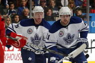TORONTO, ON - NOVEMBER 07: (L-R) Jason Blake #55 and Phil Kessel #81 of the Toronto Maple Leafs skate against the Detroit Red Wings at the Air Canada Centre on November 7, 2009 in Toronto, Canada.  (Photo by Bruce Bennett/Getty Images)
