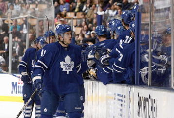 TORONTO - MARCH 28:  Nikolai Kulemin #41 of the Toronto Maple Leafs celebrates with teammates against the Boston Bruins during the NHL game at the Air Canada Centre March 28, 2009 in Toronto, Ontario. (Photo by: Dave Sandford/Getty Images)