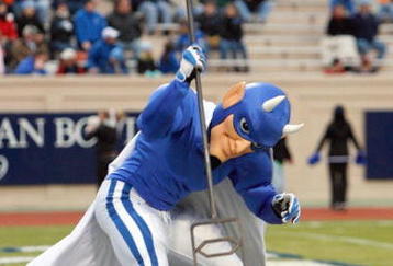 DURHAM, NC - NOVEMBER 29:  The mascot of the Duke Blue Devils throws his pitchfork into the endzone during the game against the North Carolina Tar Heels at Wallace Wade Stadium on November 29, 2008 in Durham, North Carolina. (Photo by Kevin C. Cox/Getty Images)