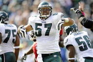 PHILADELPHIA - OCTOBER 11: Chris Gocong #57 of the Philadelphia Eagles reacts during a game against the Tampa Bay Buccaneers at Lincoln Financial Field on October 11, 2009 in Philadelphia, Pennsylvania. (Photo by Jeff Zelevansky/Getty Images)
