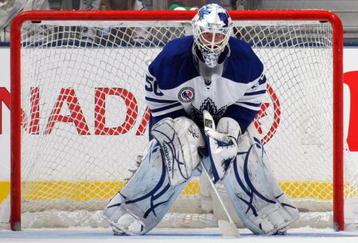 TORONTO, ON - NOVEMBER 07: Jonas Gustavsson #50 of the Toronto Maple Leafs takes a break in his game against the Detroit Red Wings at the Air Canada Centre on November 7, 2009 in Toronto, Canada.  The Maple Leafs defeated the Red Wings 5-1. (Photo by Bruce Bennett/Getty Images)