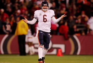 SAN FRANCISCO - NOVEMBER 12: Quarterback Jay Cutler #6 of the Chicago Bears reacts in the second half against the San Francisco 49ers at Candlestick Park on November 12, 2009 in San Francisco, California.  (Photo by Ezra Shaw/Getty Images)