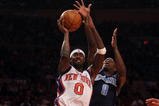 NEW YORK - NOVEMBER 09:  Larry Hughes #0 of the New York Knicks shoots the ball against Ronnie Brewer #9 of the Utah Jazz at Madison Square Garden on November 9, 2009 in New York City. NOTE TO USER: User expressly acknowledges and agrees that, by downloading and or using this photograph, User is consenting to the terms and conditions of the Getty Images License Agreement.  (Photo by Nick Laham/Getty Images)