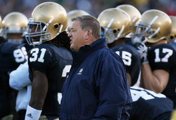 SOUTH BEND, IN - OCTOBER 17: Head coach Charlie Weis of the Notre Dame Fighting Irish gives instructions to his team during a game against the USC Trojans at Notre Dame Stadium on October 17, 2009 in South Bend, Indiana. USC defeated Notre Dame 34-27. (Photo by Jonathan Daniel/Getty Images)