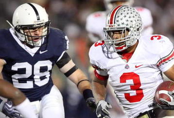 STATE COLLEGE, PA - NOVEMBER 7: Running back Brandon Saine #3 of the Ohio State Buckeyes carries the ball as linebacker Drew Astorino #28 of the Penn State Nittany Lions pursues during a game on November 7, 2009 at Beaver Stadium in State College, Pennsylvania. Ohio State won 24-7. (Photo by Hunter Martin/Getty Images)