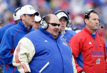 LAWRENCE, KS - OCTOBER 10:  Head coach Mark Mangino of the Kansas Jayhawks looks on during the game against the Iowa State Cyclones on October 10, 2009 at Memorial Stadium in Lawrence, Kansas. (Photo by Jamie Squire/Getty Images)