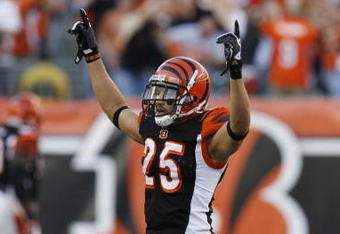 CINCINNATI - NOVEMBER 8: Morgan Trent #25 of the Cincinnati Bengals celebrates at midfield defeating the Baltimore Ravens 17-7 at Paul Brown Stadium on November 8, 2009 in Cincinnati, Ohio.  (Photo by John Sommers II/Getty Images)