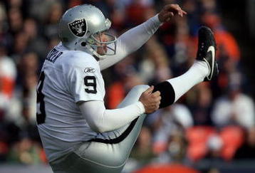 DENVER - NOVEMBER 23:  Punter Shane Lechler #9 of the Oakland Raiders punts the ball to the Denver Broncos during week 12 NFL action at Invesco Field at Mile High on November 23, 2008 in Denver, Colorado. The Raiders defeated the Broncos 31-10.  (Photo by Doug Pensinger/Getty Images)