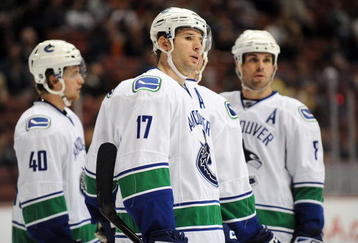 ANAHEIM, CA - OCTOBER 30:  Michael Grabner #40 , Ryan Kesler #17 and Willie Mitchell #8 of the Vancouver Canucks look on prior to a faceoff during their game against the Anaheim Ducks at the Honda Center on October 30, 2009 in Anaheim, California. The Ducks defeated the Canucks 7-2.  (Photo by Harry How/Getty Images)