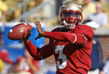 ATLANTA - NOVEMBER 1:  Quarterback E.J. Manuel #3 of the Florida State Seminoles throws a practice pass before the game against the Georgia Tech Yellow Jackets at Bobby Dodd Stadium at Historic Grant Field on November 1, 2008 in Atlanta, Georgia.  Georgia Tech beat Florida State 31-28.  (Photo by Mike Zarrilli/Getty Images)