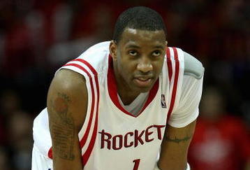 HOUSTON - APRIL 19:  Tracy McGrady #1 of the Houston Rockets looks across the court in Game One of the Western Conference Quarterfinals against the Utah Jazz during the 2008 NBA Playoffs on April 19, 2008 at the Toyota Center in Houston, Texas.  The Jazz won 93-82.  NOTE TO USER: User expressly acknowledges and agrees that, by downloading and or using this photograph, User is consenting to the terms and conditions of the Getty Images License Agreement. (Photo by Stephen Dunn/Getty Images)
